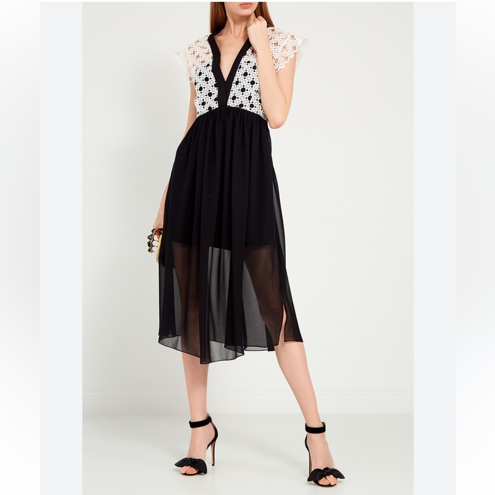 Sandro Paris Lace Trim Midi Dress in Black and White - Picture 5 of 15